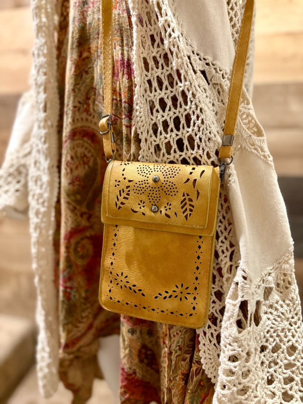 Mustard Yellow Laser-Cut Leather Crossbody Bag - Women